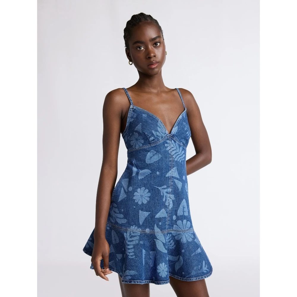 Scoop Limited Edition Floral Print Denim Peplum Mini Dress Size XXL Medium Wash
